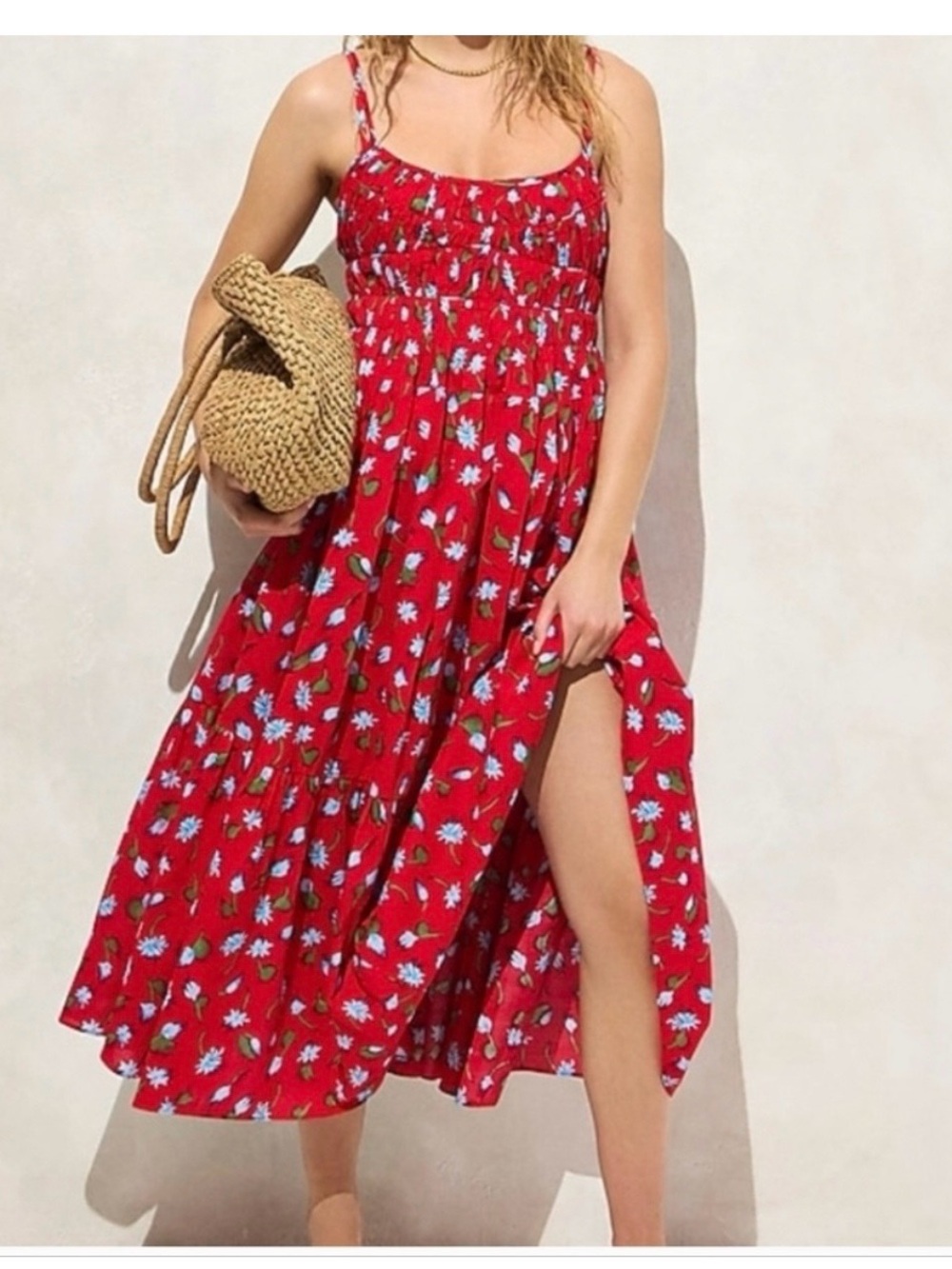 J. Crew Red Floral Maxi Dress with Blue and Green Accents